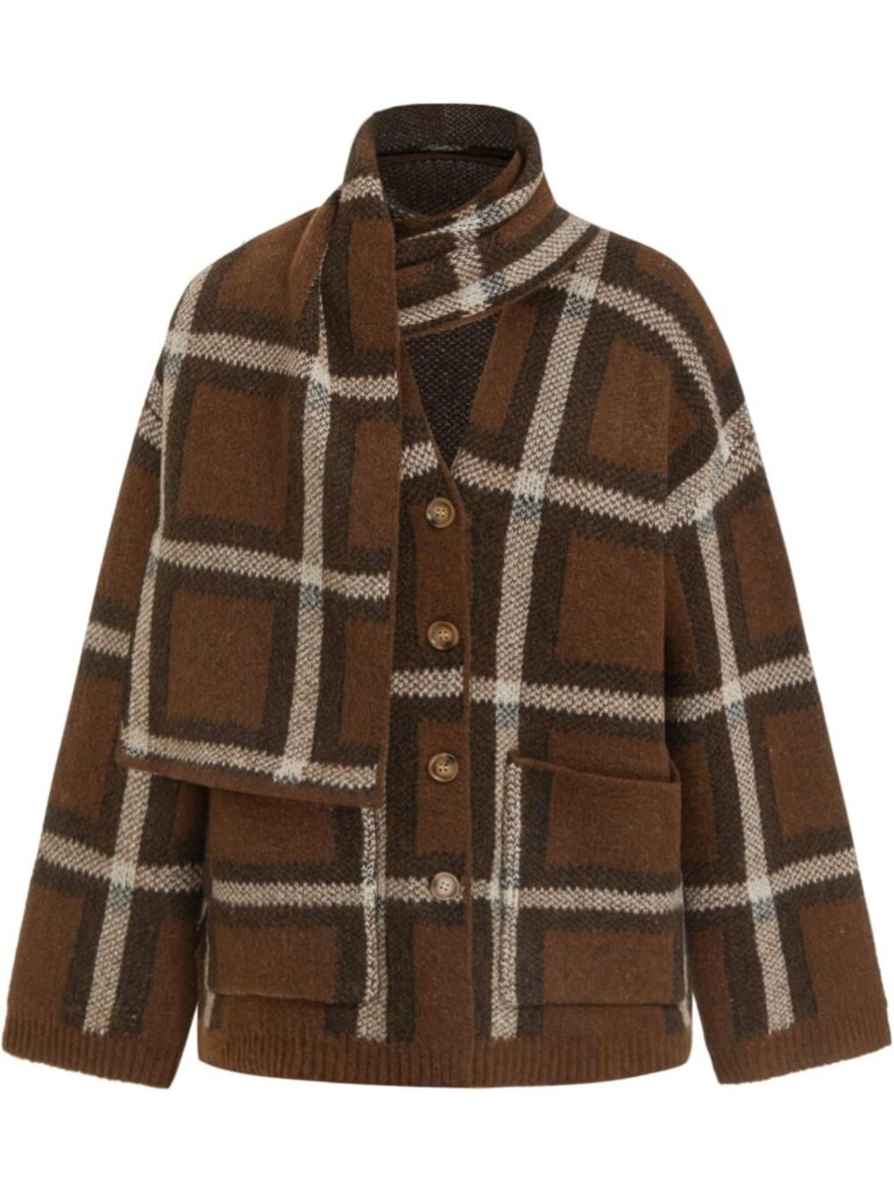 Oversized Plaid Cardigan Sweater with Knit Jacket & Matching Scarf - Cozy